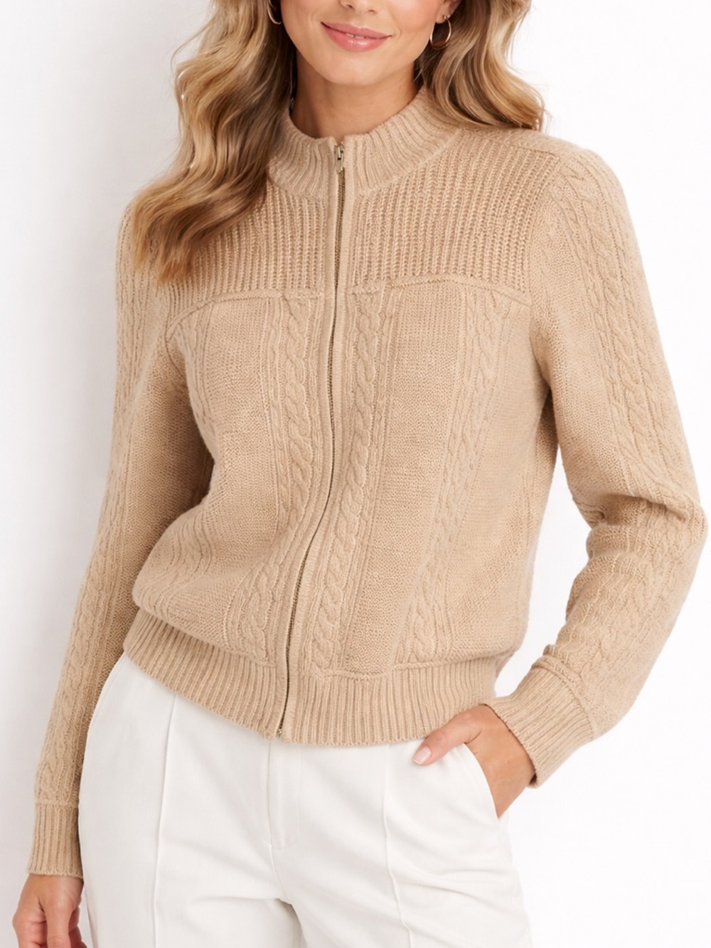 St John Collection Cream Zip Cardigan Wool Blend Knit Luxury Women Size L